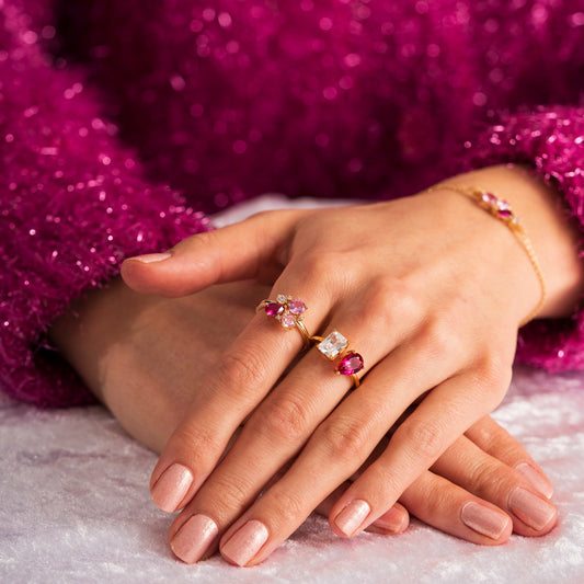 Glam ring i forgylt sølv med zirkonia, rosa toner, bilde 2 av 4