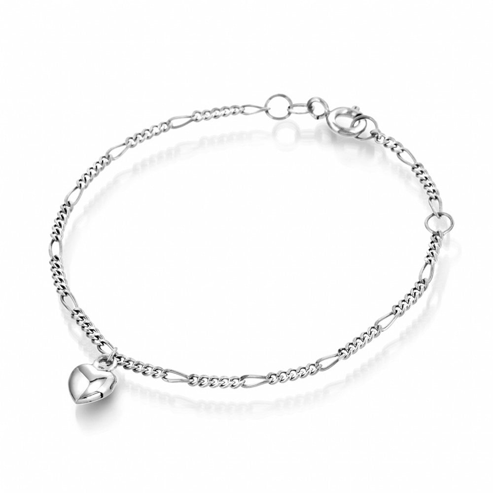 Armbånd i 585 hvitt gull med hjerte-charm, figaro, bilde 1 av 2