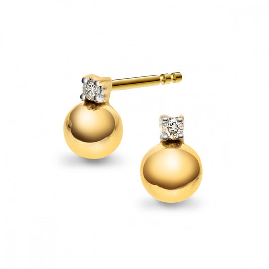 Ørestikker med kule i gult gull med diamant 0,02 ct