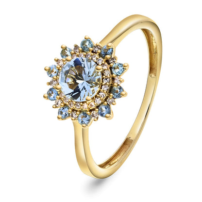 Rosettring i 585 gult gull med diamanter og aquamarin 10,5 mm, bilde 1 av 4