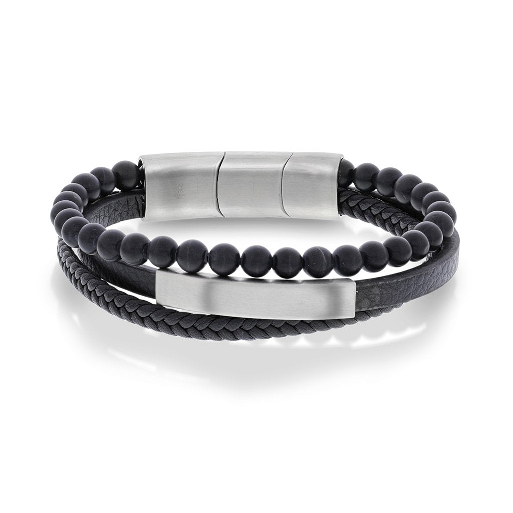 Armbånd i stål med sort skinn og onyx 22 cm, bilde 1 av 4