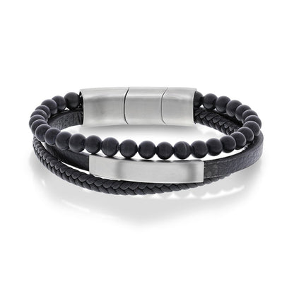 Armbånd i stål med sort skinn og onyx 22 cm, bilde 1 av 4
