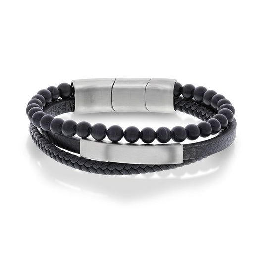 Armbånd i stål med sort skinn og onyx 22 cm, bilde 1 av 4
