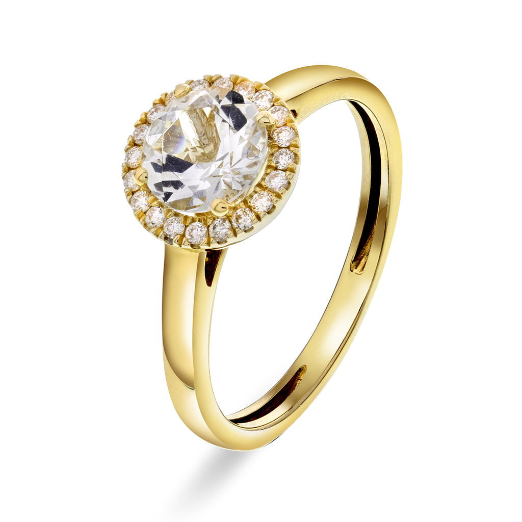 Ring i 585 gult gull med diamanter 0,12 ct og hvit topas, bilde 1 av 2