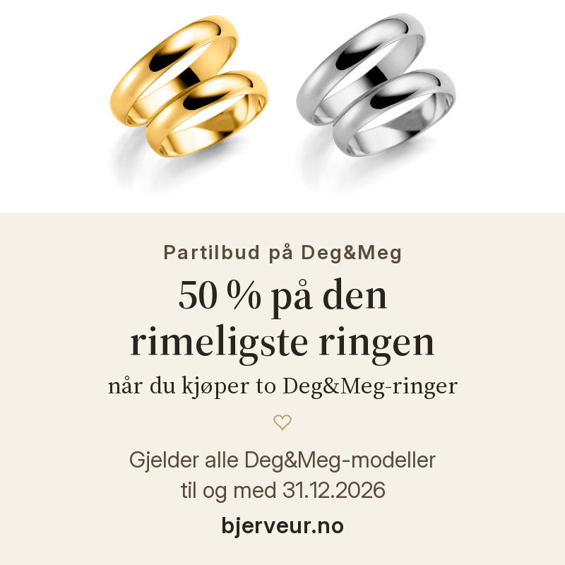 Partilbud på Deg&Meg: 50 % på den rimeligste ringen når du kjøper to Deg&Meg-ringer, til og med 31.12.2026