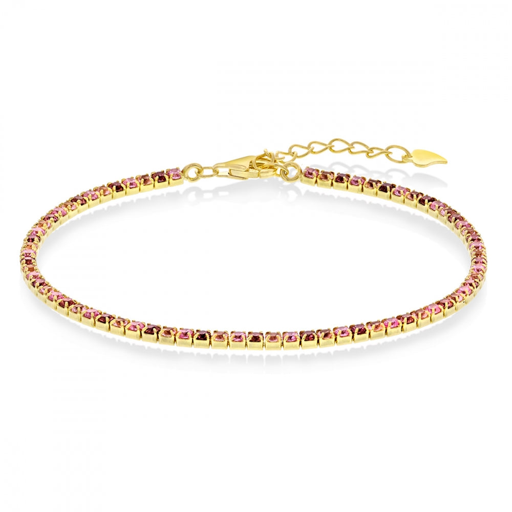 Tennisarmbånd i forgylt sølv med rosa zirkonia 17+3 cm