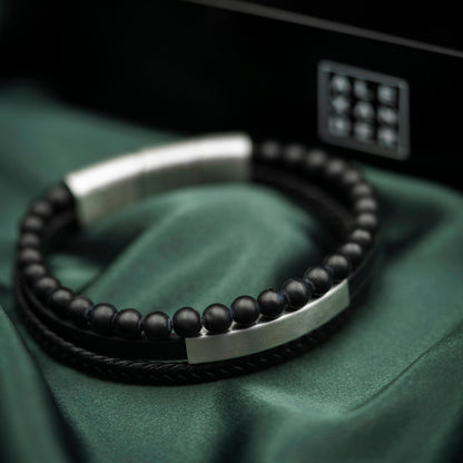 Armbånd i stål med sort skinn og onyx 22 cm, bilde 3 av 4