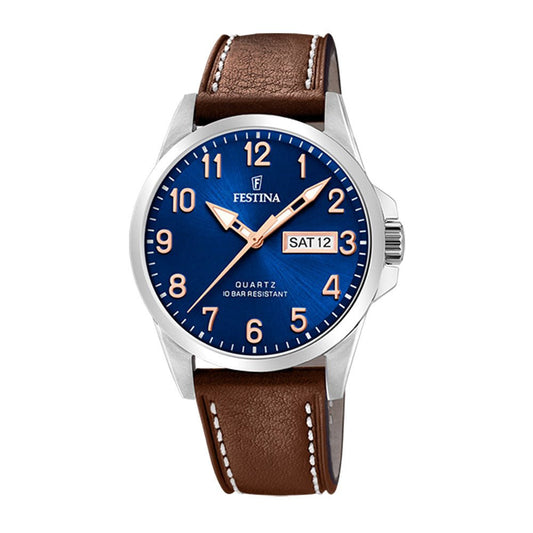 Festina 100m,dag/dato,brun rem/blå skive F20358 - B - Bjerveur.noFestina 100m,dag/dato,brun rem/blå skive F20358 - B