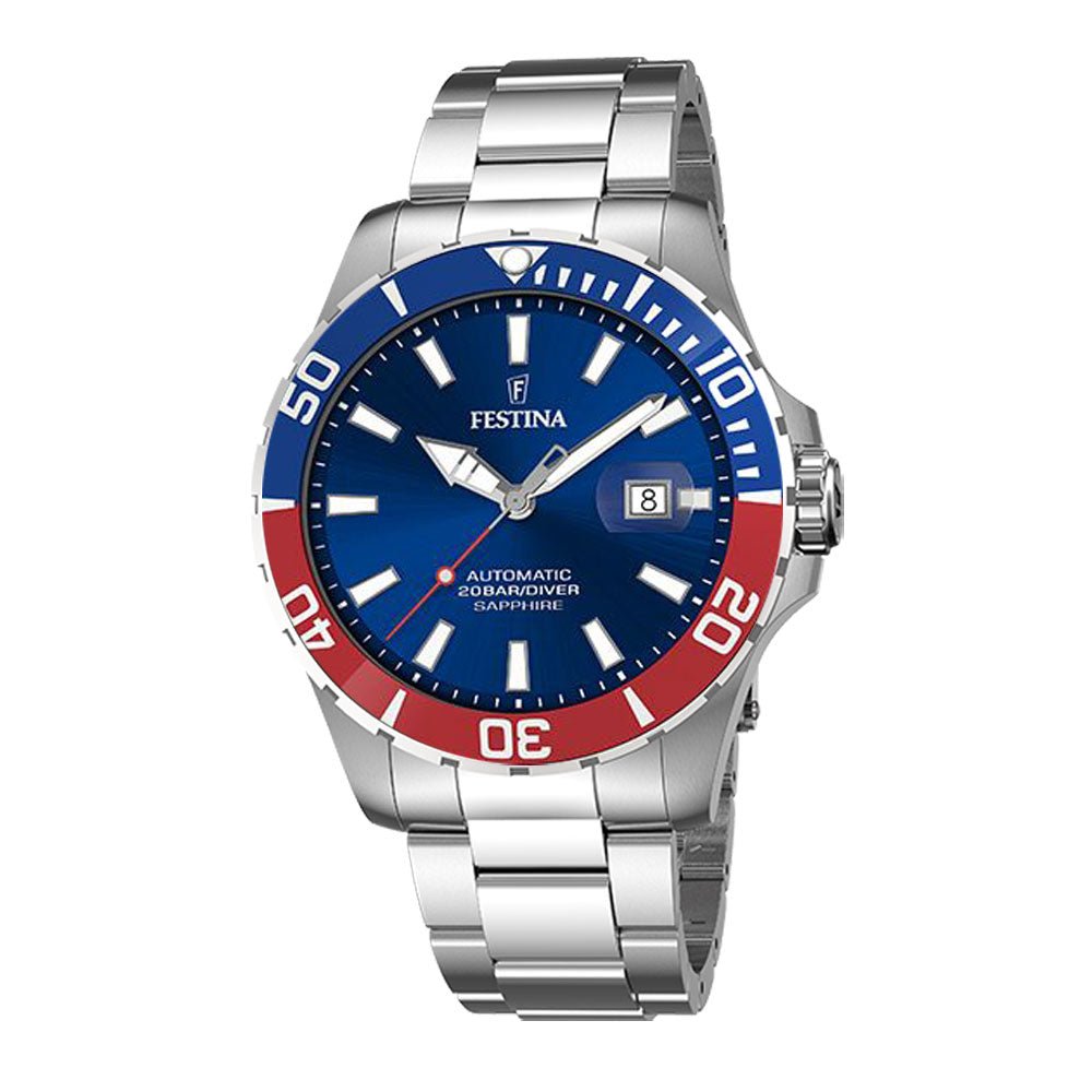 Festina Diver hr,20 bar,dykker,automat,saf, lenke, blå skive, blå/rød bezel F20531 - 5 - Bjerveur.noFestina Diver hr,20 bar,dykker,automat,saf, lenke, blå skive, blå/rød bezel F20531 - 5