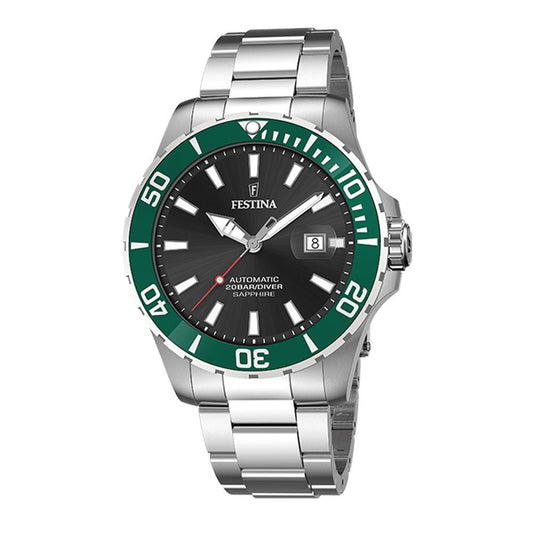 Festina Diver hr,20 bar,dykker,automat,saf, lenke,grønn skive F20531 - 2 - Bjerveur.noFestina Diver hr,20 bar,dykker,automat,saf, lenke,grønn skive F20531 - 2