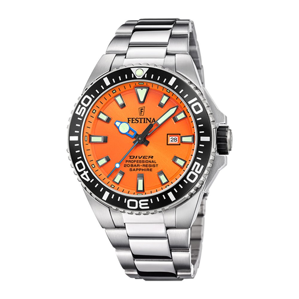 Festina Diver, stål ,lenke,dykker,20bar, orange skive F20663 - 4 - Bjerveur.noFestina Diver, stål ,lenke,dykker,20bar, orange skive F20663 - 4