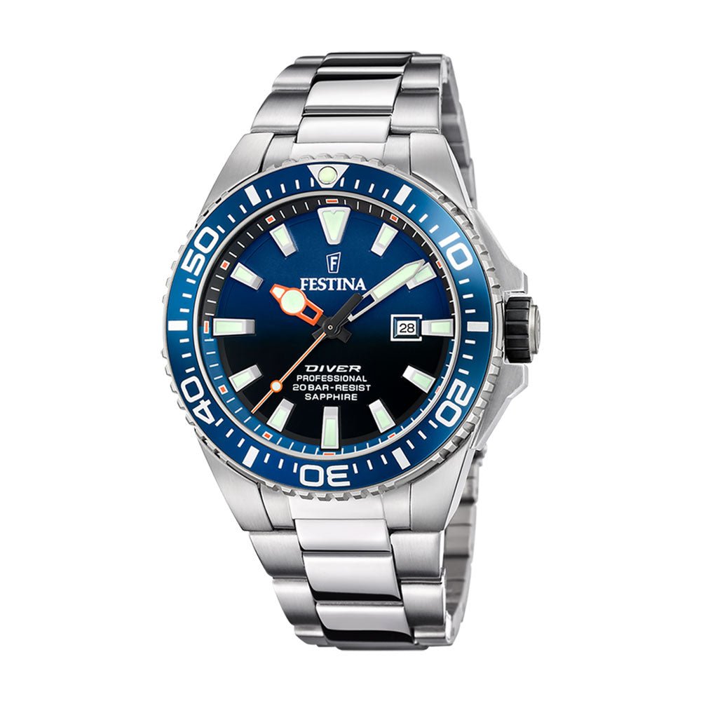 Festina Diver, stål, lenke,dykker,20bar,blå skive F20663 - 1 - Bjerveur.noFestina Diver, stål, lenke,dykker,20bar,blå skive F20663 - 1