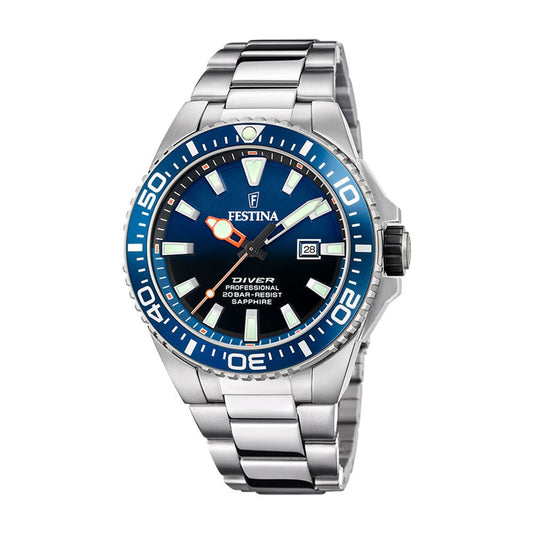 Festina Diver, stål, lenke,dykker,20bar,blå skive F20663 - 1 - Bjerveur.noFestina Diver, stål, lenke,dykker,20bar,blå skive F20663 - 1