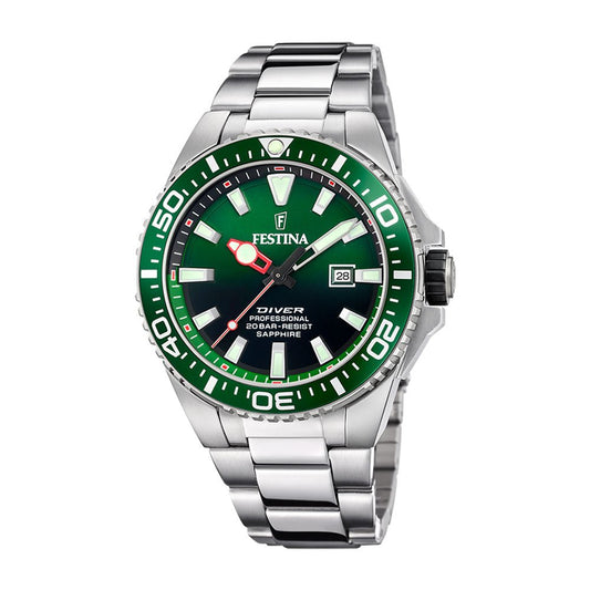 Festina Diver, stål ,lenke,dykker,20bar,grønn skive F20663 - 2 - Bjerveur.noFestina Diver, stål ,lenke,dykker,20bar,grønn skive F20663 - 2