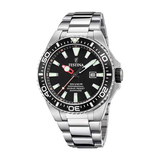 Festina Diver, stål ,lenke,dykker,20bar,sort skive F20663 - 3 - Bjerveur.noFestina Diver, stål ,lenke,dykker,20bar,sort skive F20663 - 3