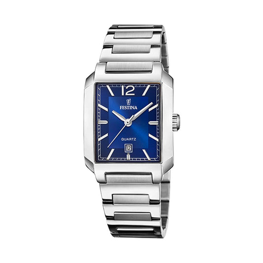 Festina stål 50m, lenke,rektangulær, blå skive index F20679 - 3 - Bjerveur.noFestina stål 50m, lenke,rektangulær, blå skive index F20679 - 3