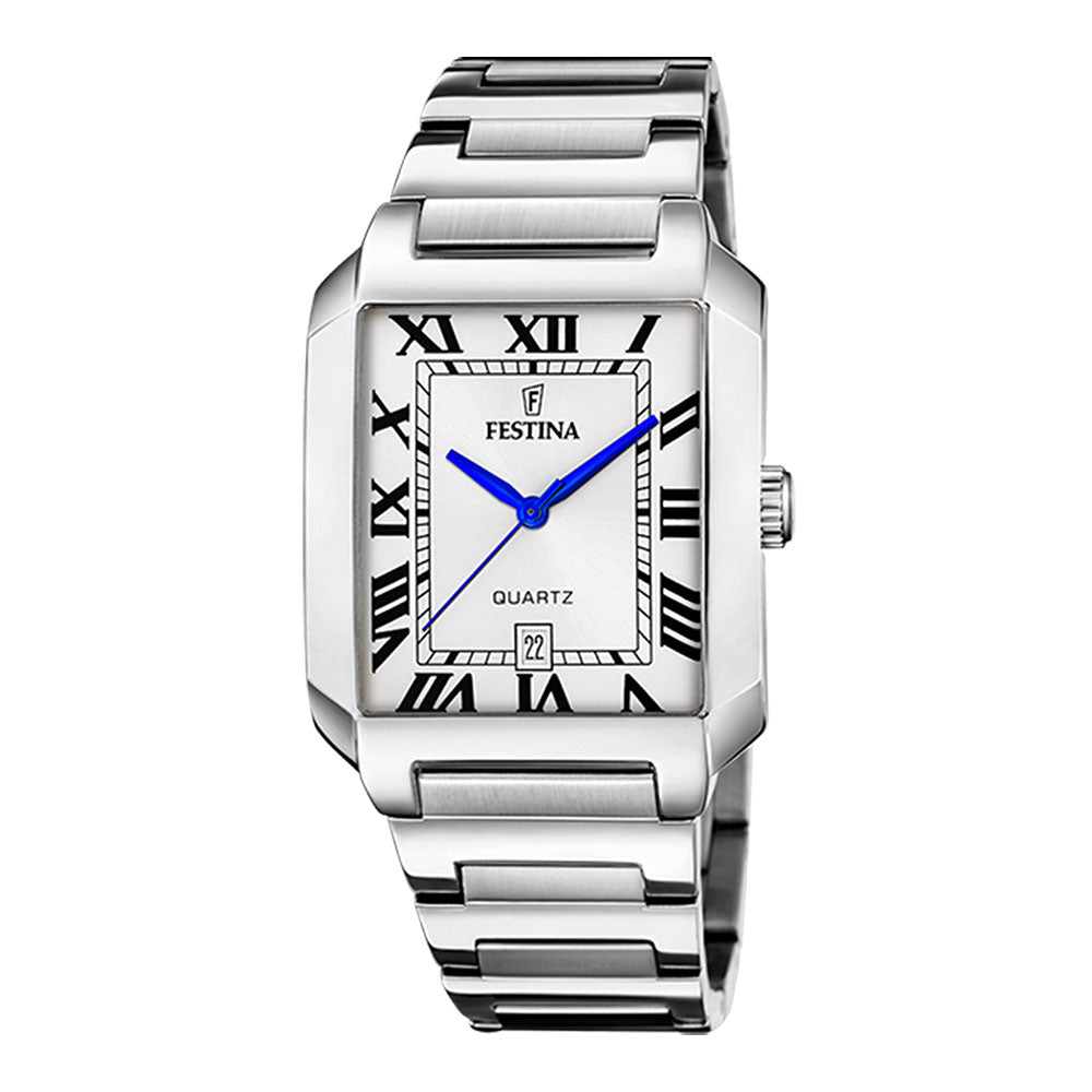 Festina stål 50m, lenke,rektangulær, hvit skive romer F20677 - 1 - Bjerveur.noFestina stål 50m, lenke,rektangulær, hvit skive romer F20677 - 1