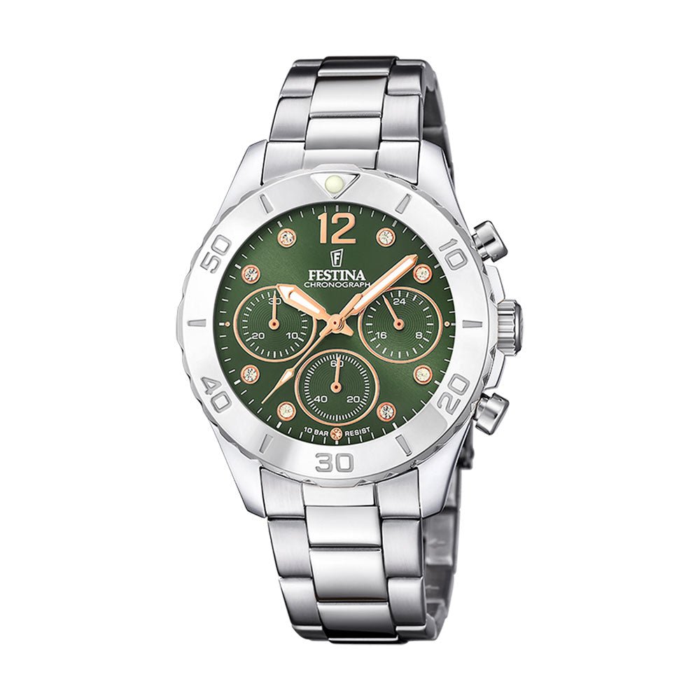 Festina stål, chrono, lenke, grønn skive, 100m F20603 - 5 - Bjerveur.noFestina stål, chrono, lenke, grønn skive, 100m F20603 - 5