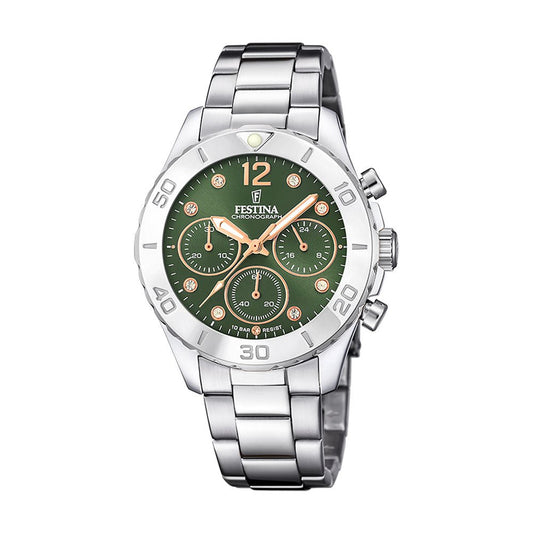 Festina stål, chrono, lenke, grønn skive, 100m F20603 - 5 - Bjerveur.noFestina stål, chrono, lenke, grønn skive, 100m F20603 - 5