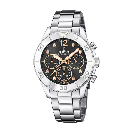 Festina stål, chrono, lenke, svart skive, 100m - Bjerveur.noFestina stål, chrono, lenke, svart skive, 100m