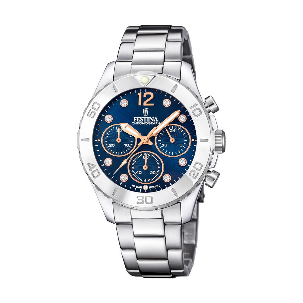 Festina stål , chrono,lenke, blå skive, 100m F20603 - 3 - Bjerveur.noFestina stål , chrono,lenke, blå skive, 100m F20603 - 3
