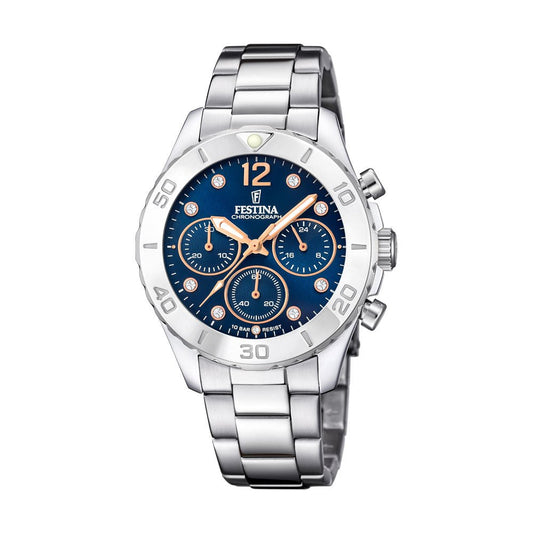 Festina stål , chrono,lenke, blå skive, 100m F20603 - 3 - Bjerveur.noFestina stål , chrono,lenke, blå skive, 100m F20603 - 3