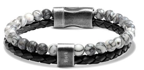 RB Bracelet KARMA 22cm black braided leather strap and grey - Bjerveur.noRB Bracelet KARMA 22cm black braided leather strap and grey