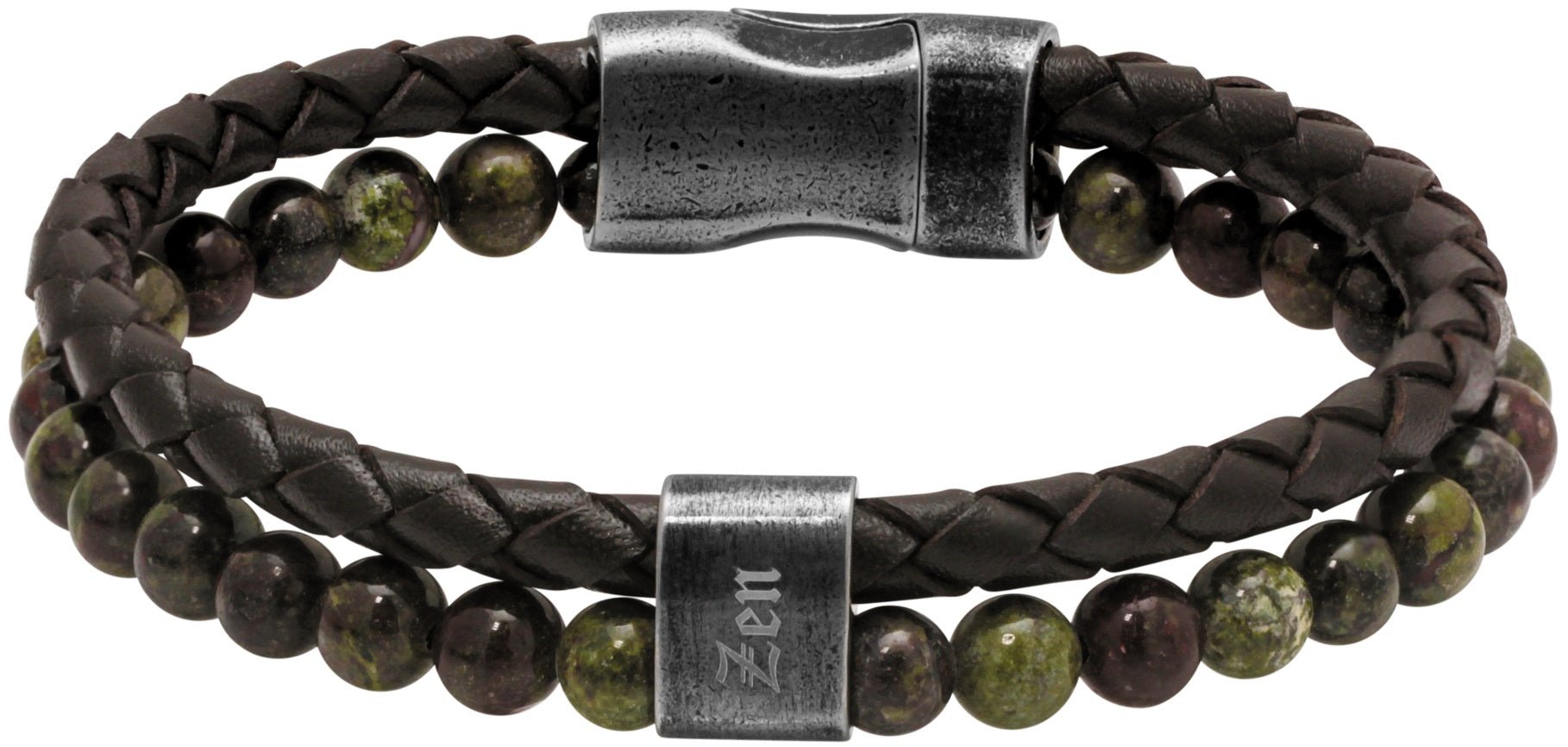 RB Bracelet KARMA 22cm brown braided leather strap and green - Bjerveur.noRB Bracelet KARMA 22cm brown braided leather strap and green